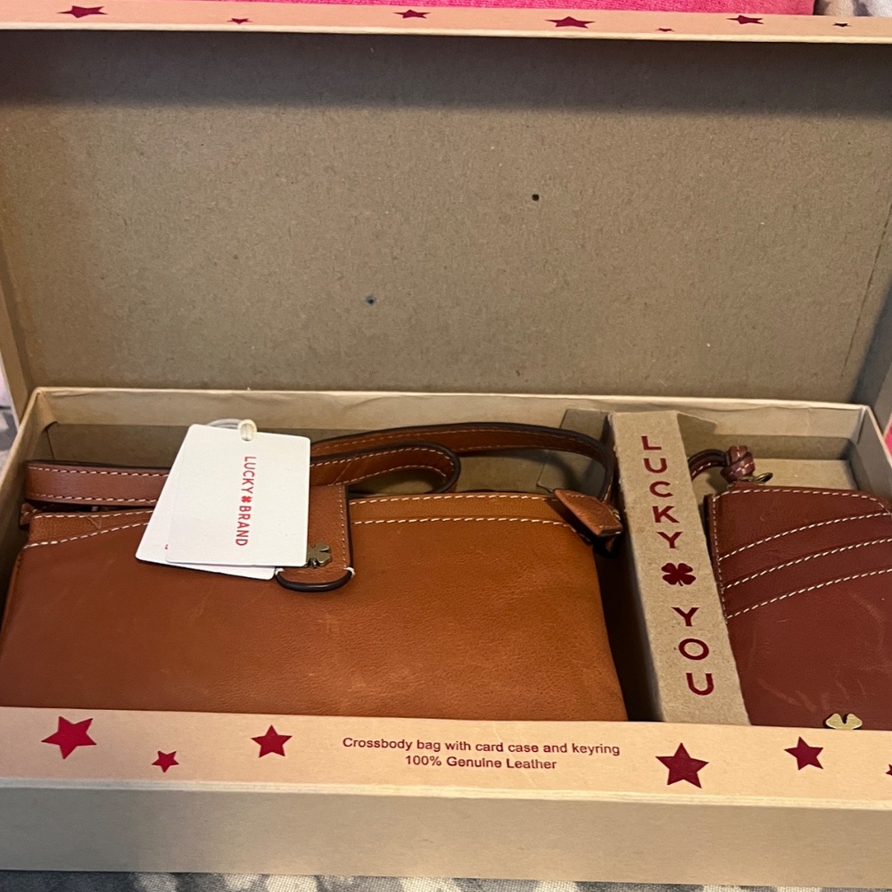 Lucky Brand Crossbody Gift Set: Leather Bag, Card Case, Keyring ~ Light Brown